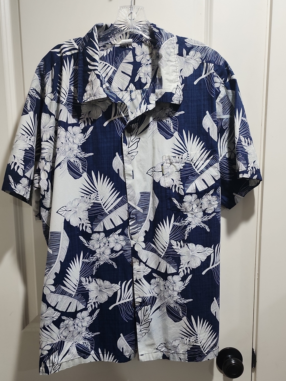 Palmwave Hawaii Aloha Shirt Navy Blue/White Tropical Floral Design Cotto Size XL